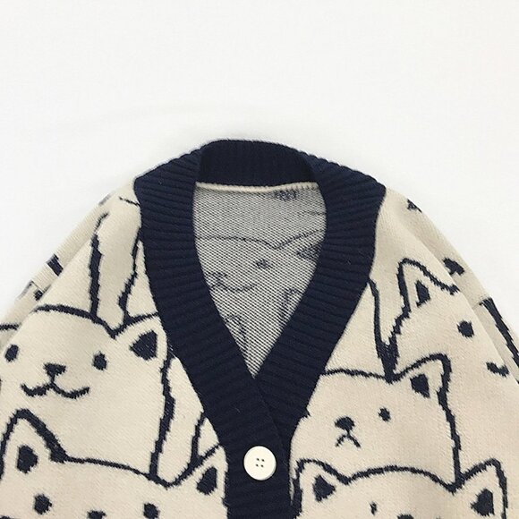 Harajuku Kawaii Cartoon V Neck Cardigan Women Retro Fashion Sweater NEW Blue - Picture 2 of 5